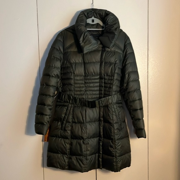 Olive green belted winter jacket. Hits below the knee. I am 5’2”. - Picture 1 of 7